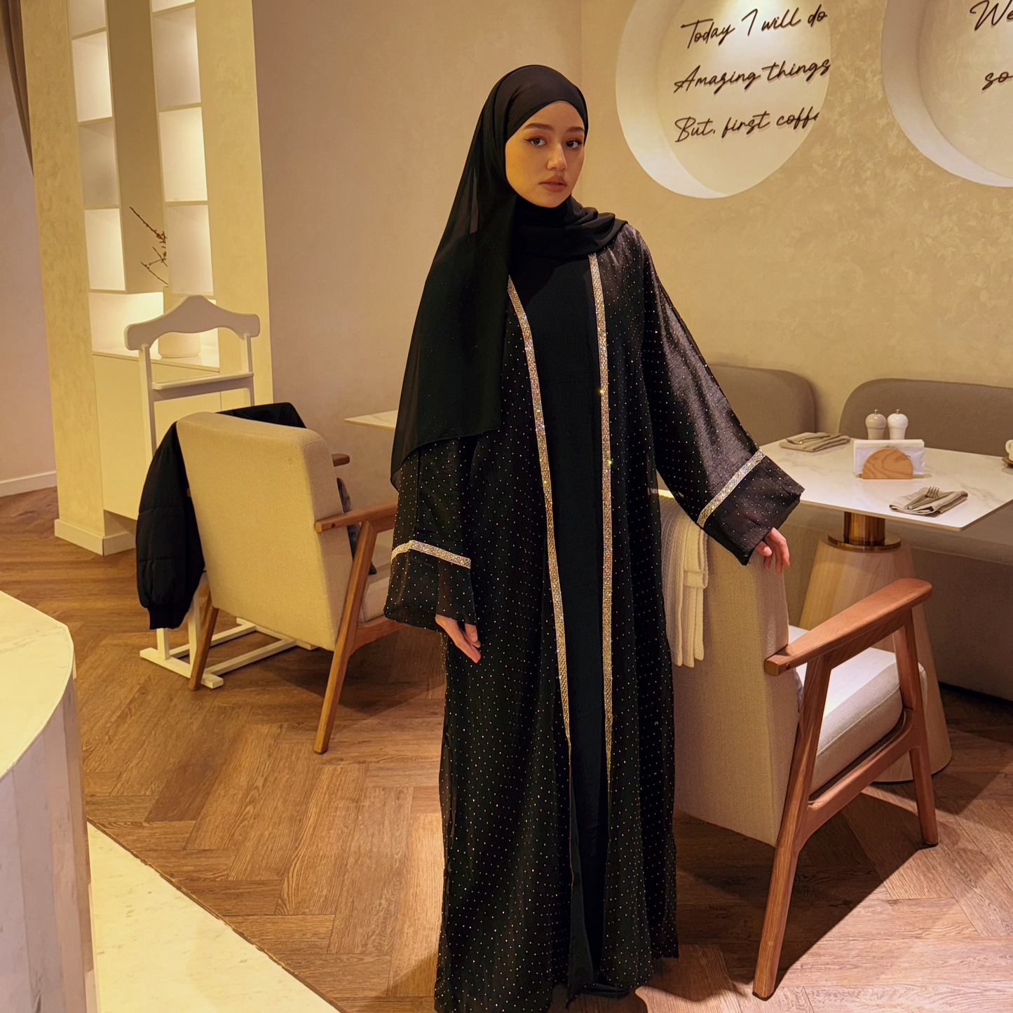 Elegant Black Abaya Set with Rhinestone Detailing – Modest & Timeless