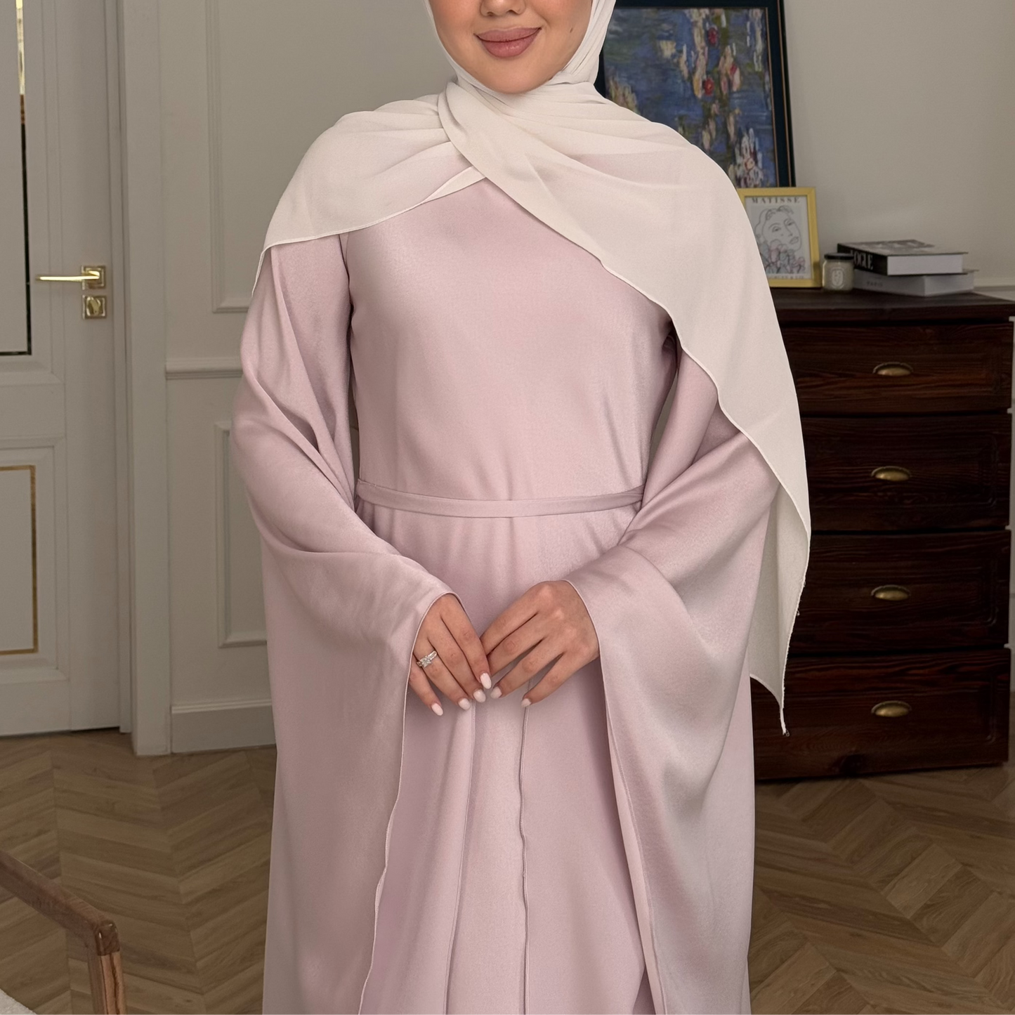 Luxury Silky Peony Pink Modest Dress with Butterfly Sleeves