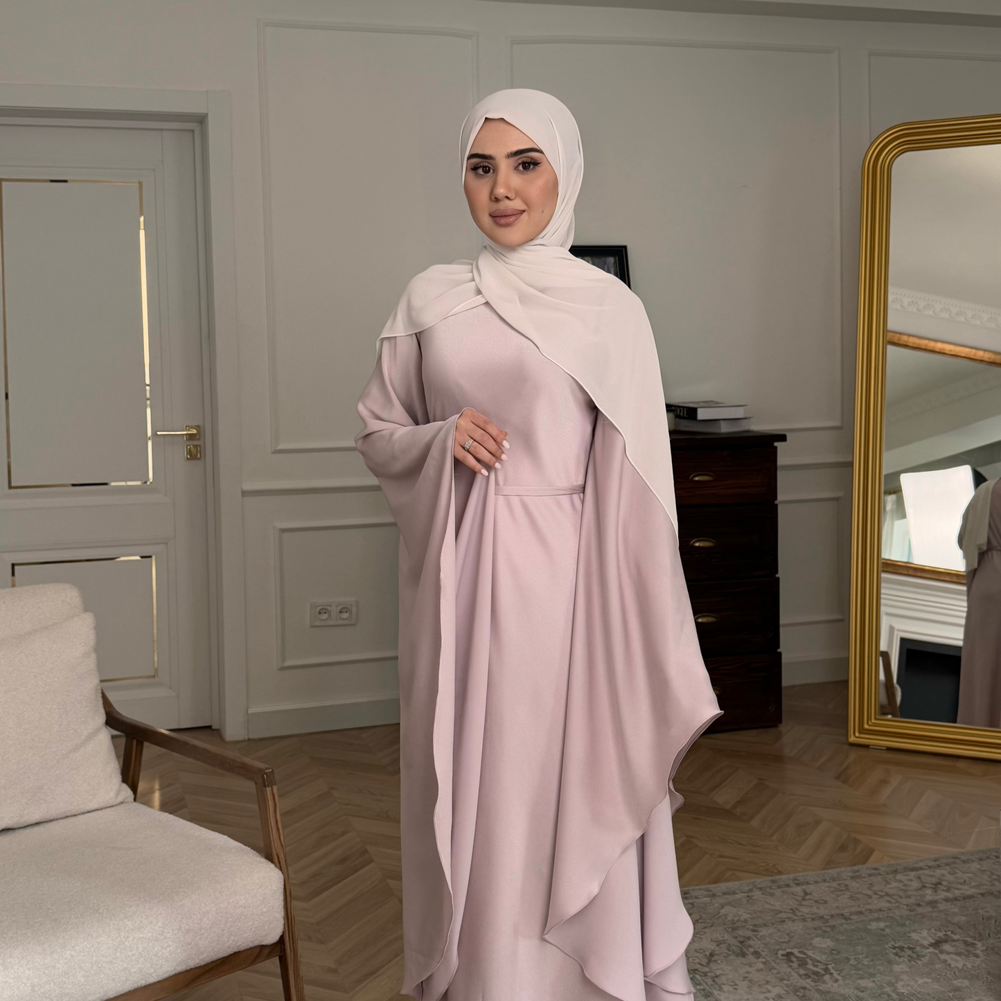 Luxury Silky Peony Pink Modest Dress with Butterfly Sleeves