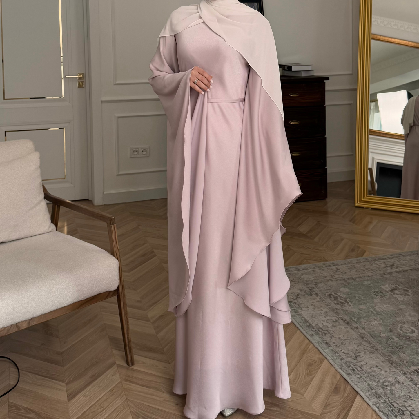 Luxury Silky Peony Pink Modest Dress with Butterfly Sleeves