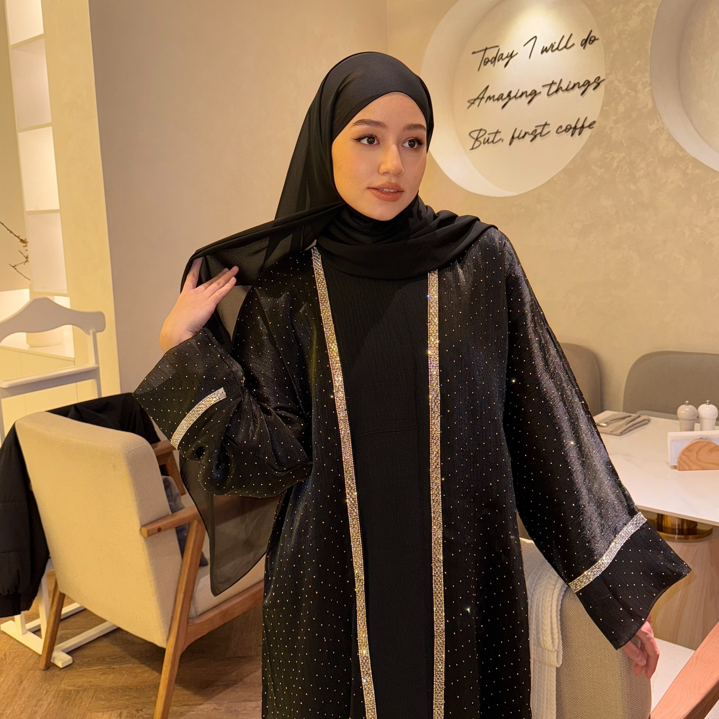 Elegant Black Abaya Set with Rhinestone Detailing – Modest & Timeless