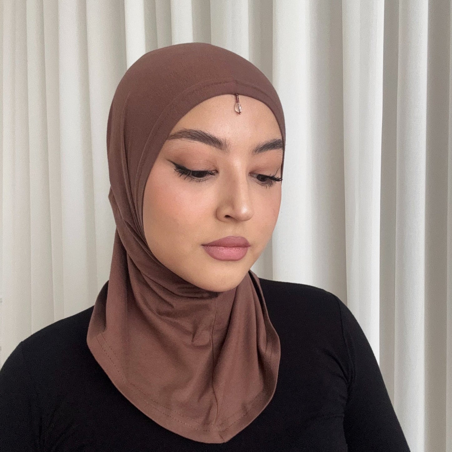 Premium Hijab Caps with Crystals – Breathable & Comfortable Underscarf for Secure Hijab Styling - Cocoa Brown
