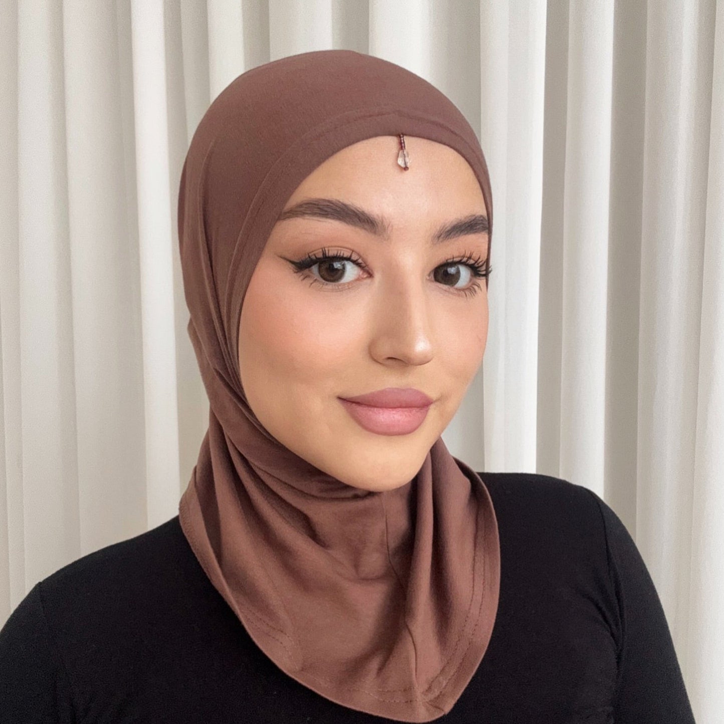 Premium Hijab Caps with Crystals – Breathable & Comfortable Underscarf for Secure Hijab Styling - Cocoa Brown