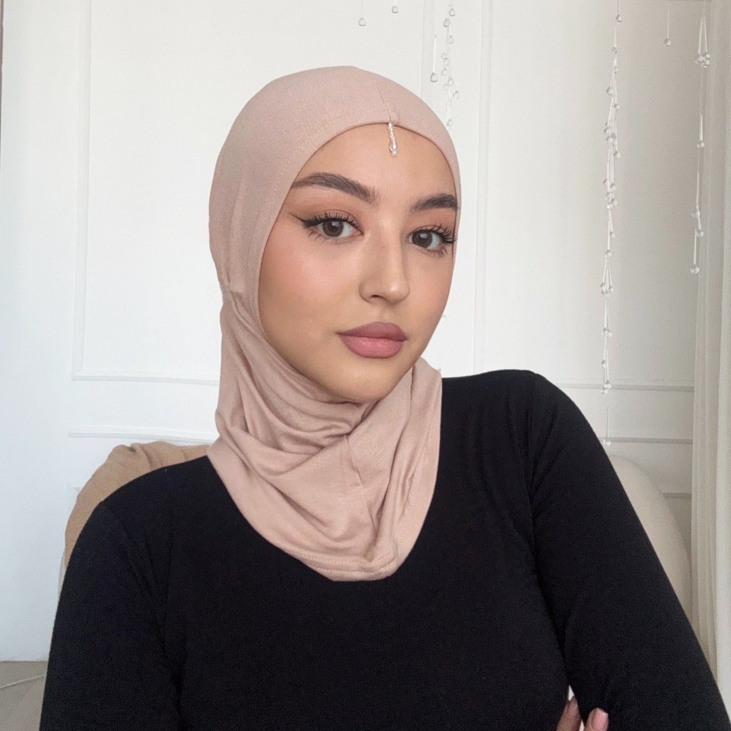 Premium Hijab Caps with Crystals – Breathable & Comfortable Underscarf for Secure Hijab Styling - Sandy Beige