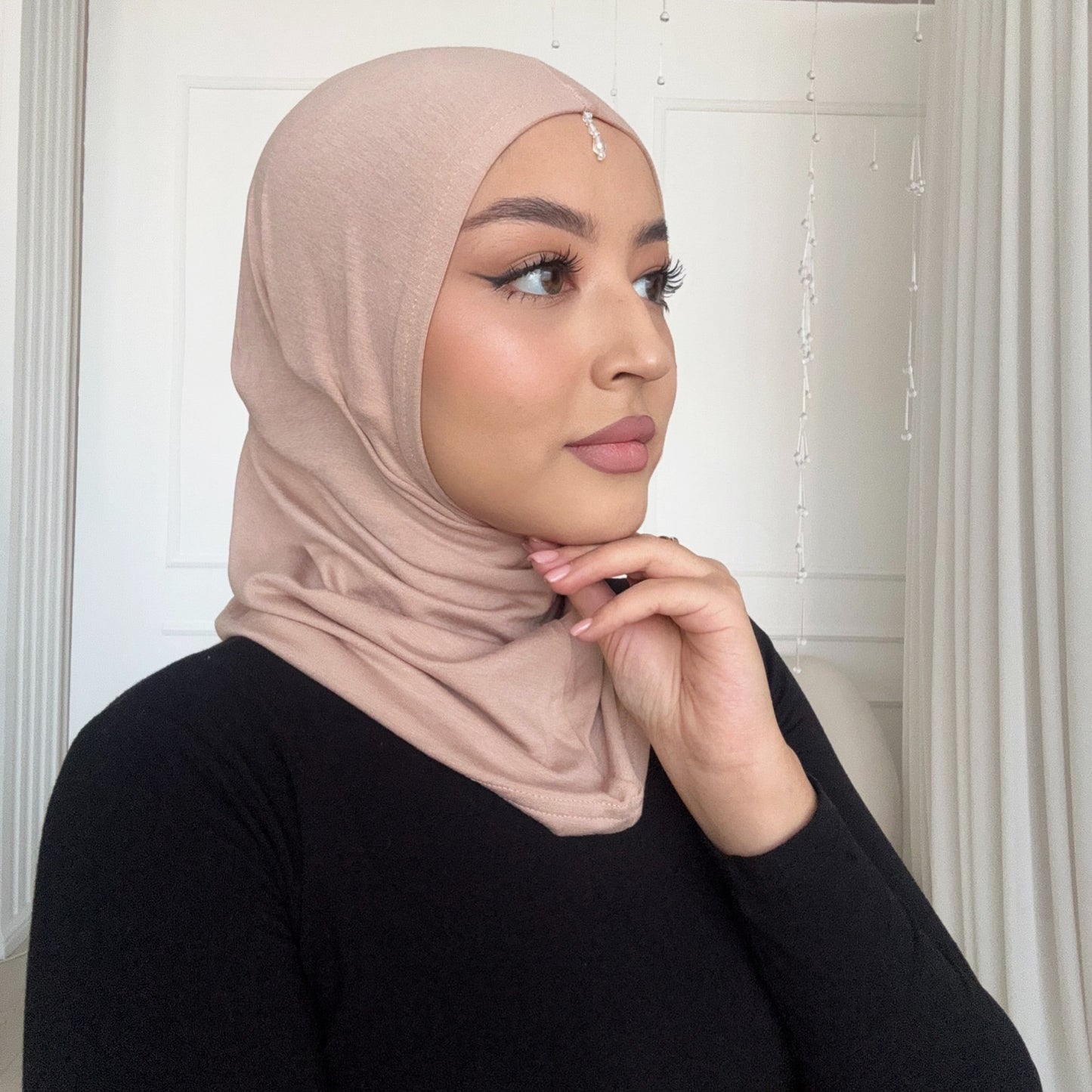 Premium Hijab Caps with Crystals – Breathable & Comfortable Underscarf for Secure Hijab Styling - Sandy Beige