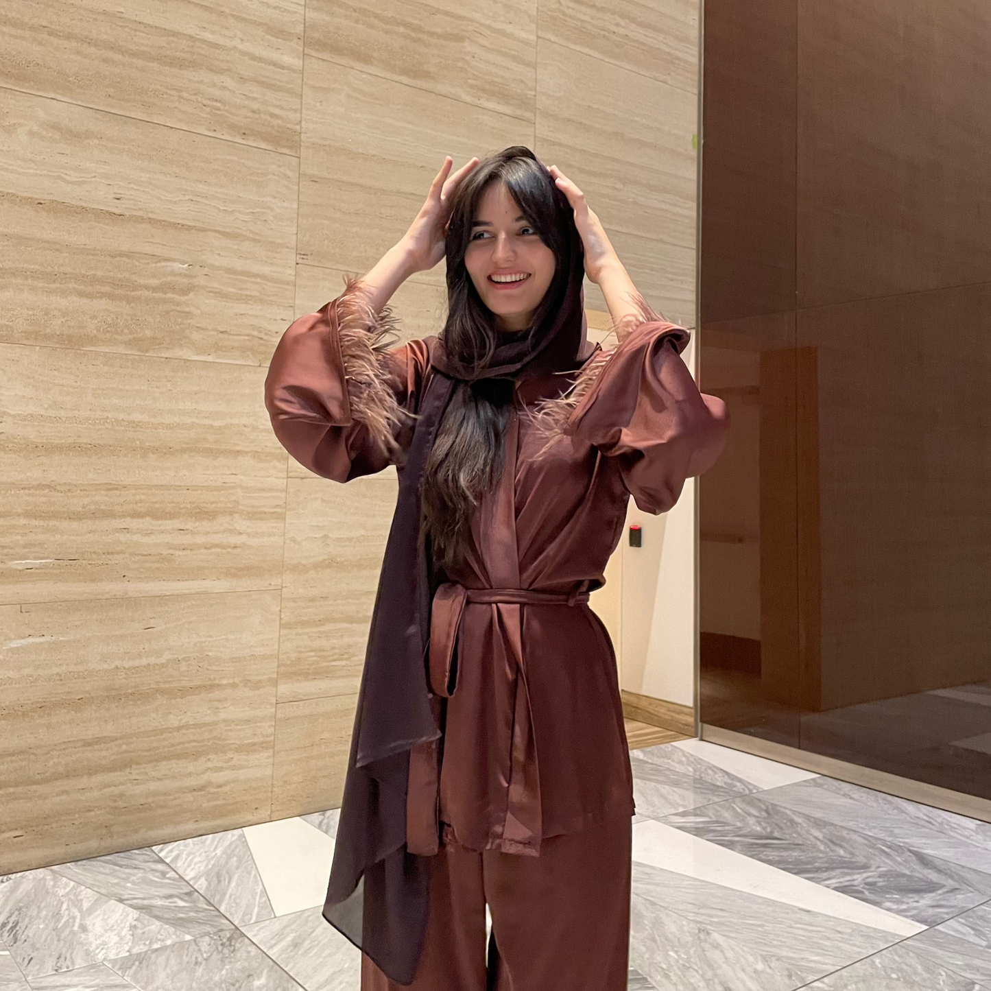 Silk Blend Kimono & Pants Two-Piece Elegant Suit – Chocolate Brown