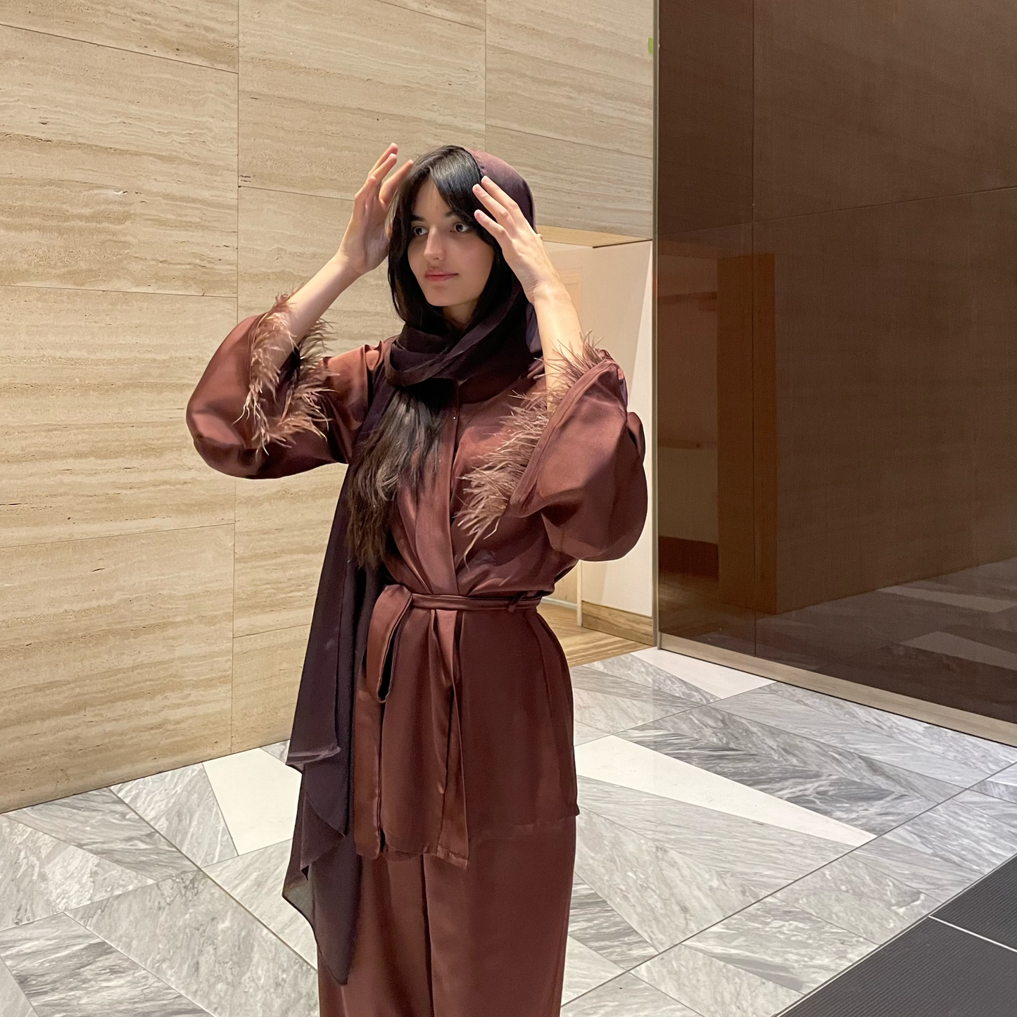 Silk Blend Kimono & Pants Two-Piece Elegant Suit – Chocolate Brown