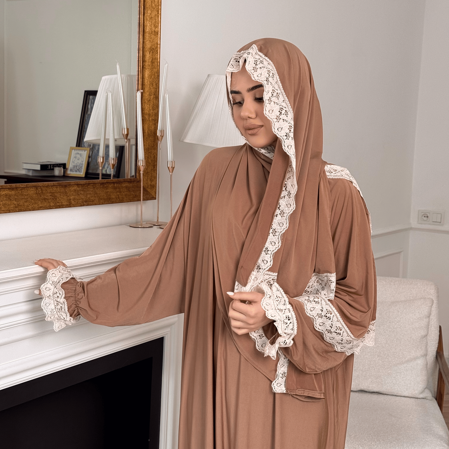 Modest Prayer Dress - Comfortable One-Piece Cotton Lycra with Guipure Accents | French Beige