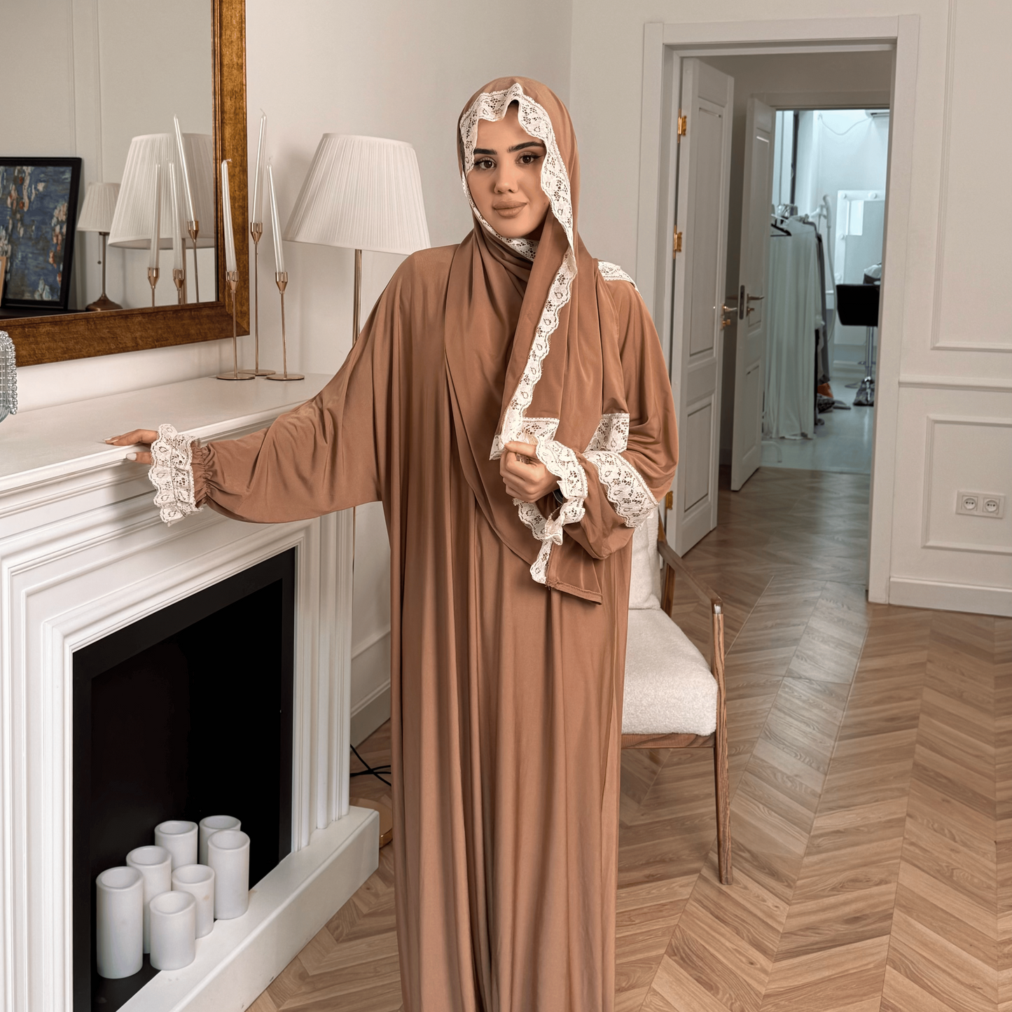 Modest Prayer Dress - Comfortable One-Piece Cotton Lycra with Guipure Accents | French Beige