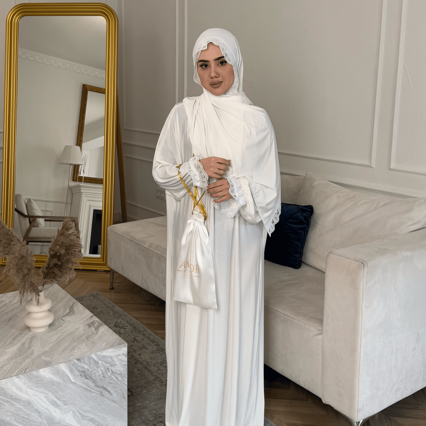Modest Prayer Dress - Comfortable One-Piece Cotton Lycra with Guipure Accents | White
