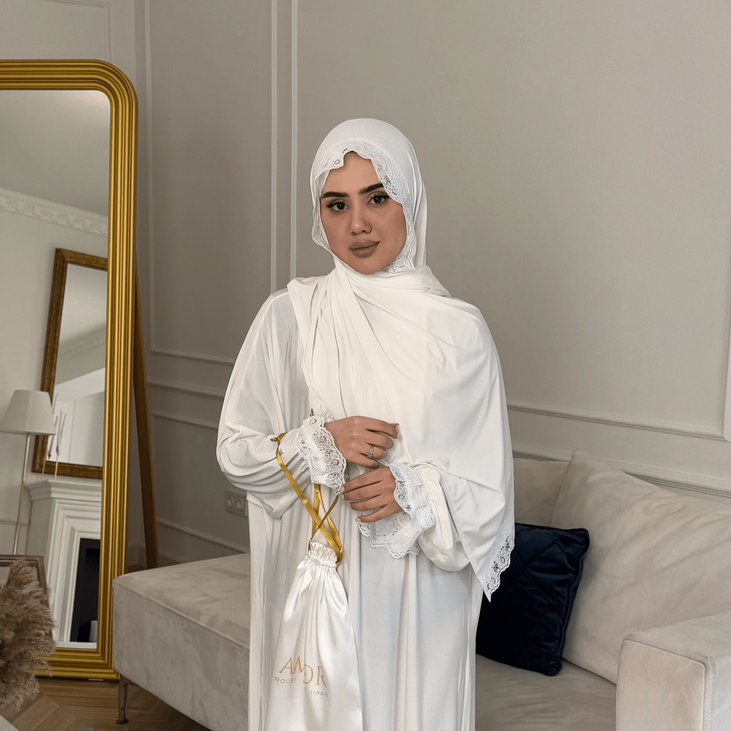 Modest Prayer Dress - Comfortable One-Piece Cotton Lycra with Guipure Accents | White