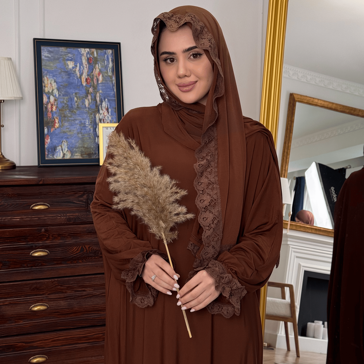 Modest Prayer Dress - Comfortable One-Piece Cotton Lycra with Guipure Accents | Brown
