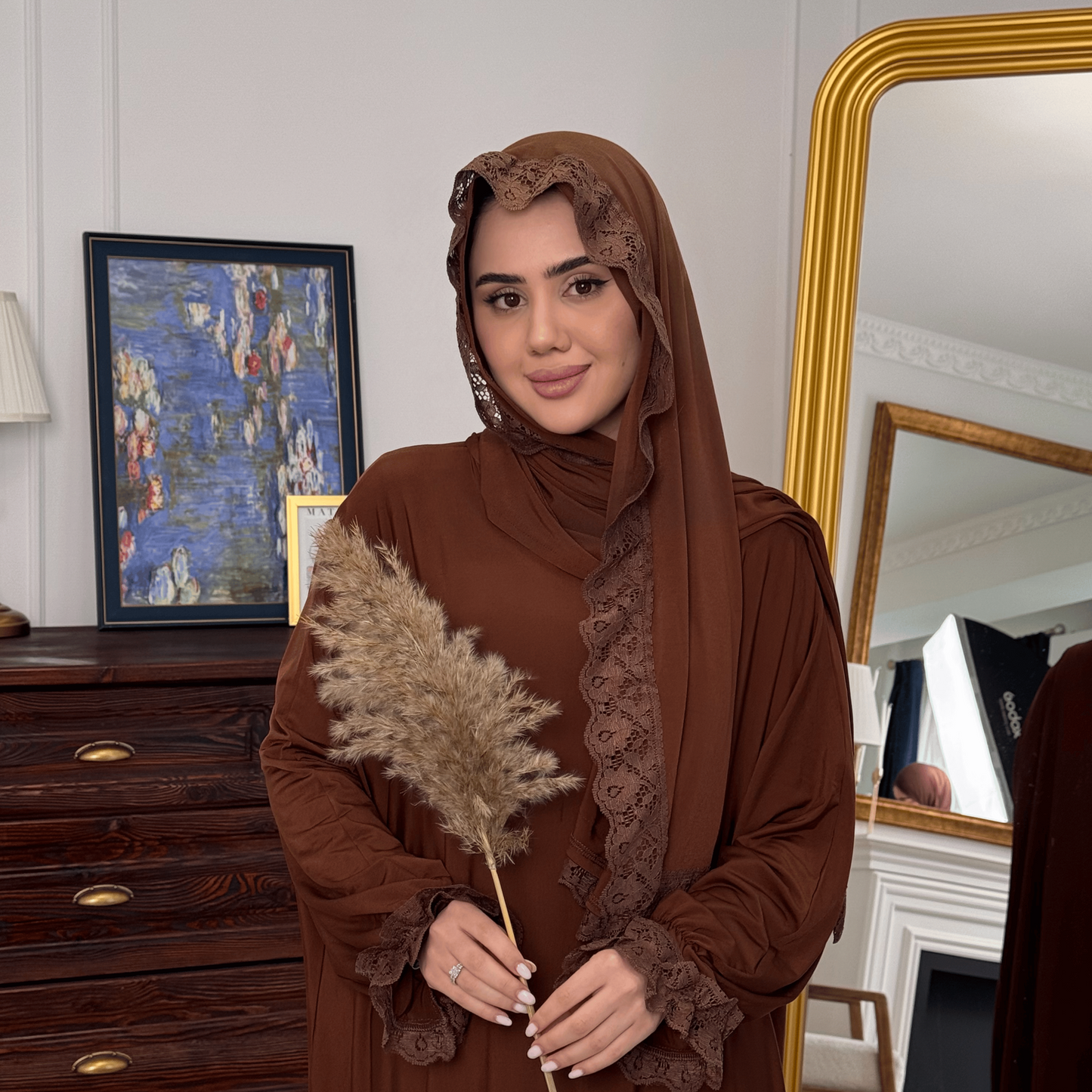 Modest Prayer Dress - Comfortable One-Piece Cotton Lycra with Guipure Accents | Brown