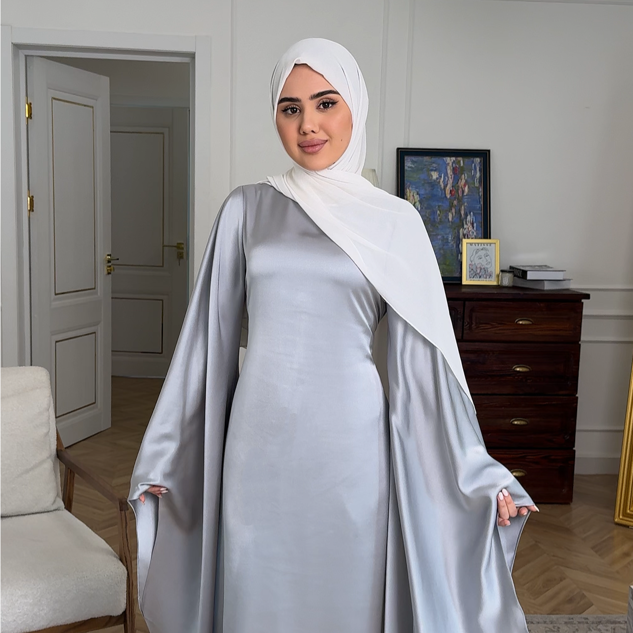 Luxury Silky Silver Modest Dress with Butterfly Sleeves & Corset Back Detail