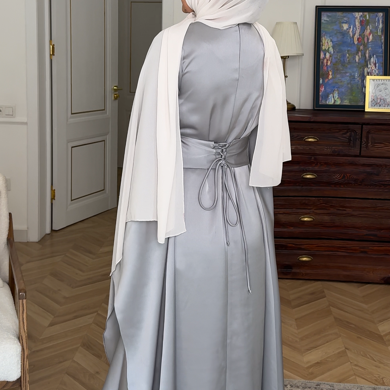 Luxury Silky Silver Modest Dress with Butterfly Sleeves & Corset Back Detail