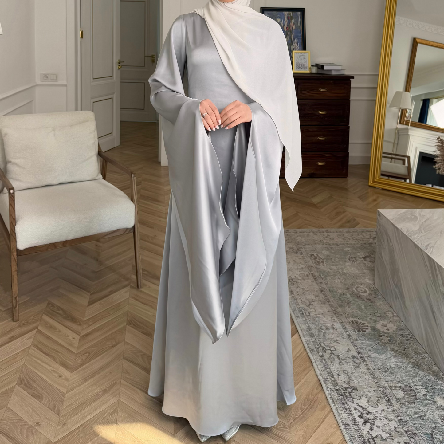 Luxury Silky Silver Modest Dress with Butterfly Sleeves & Corset Back Detail