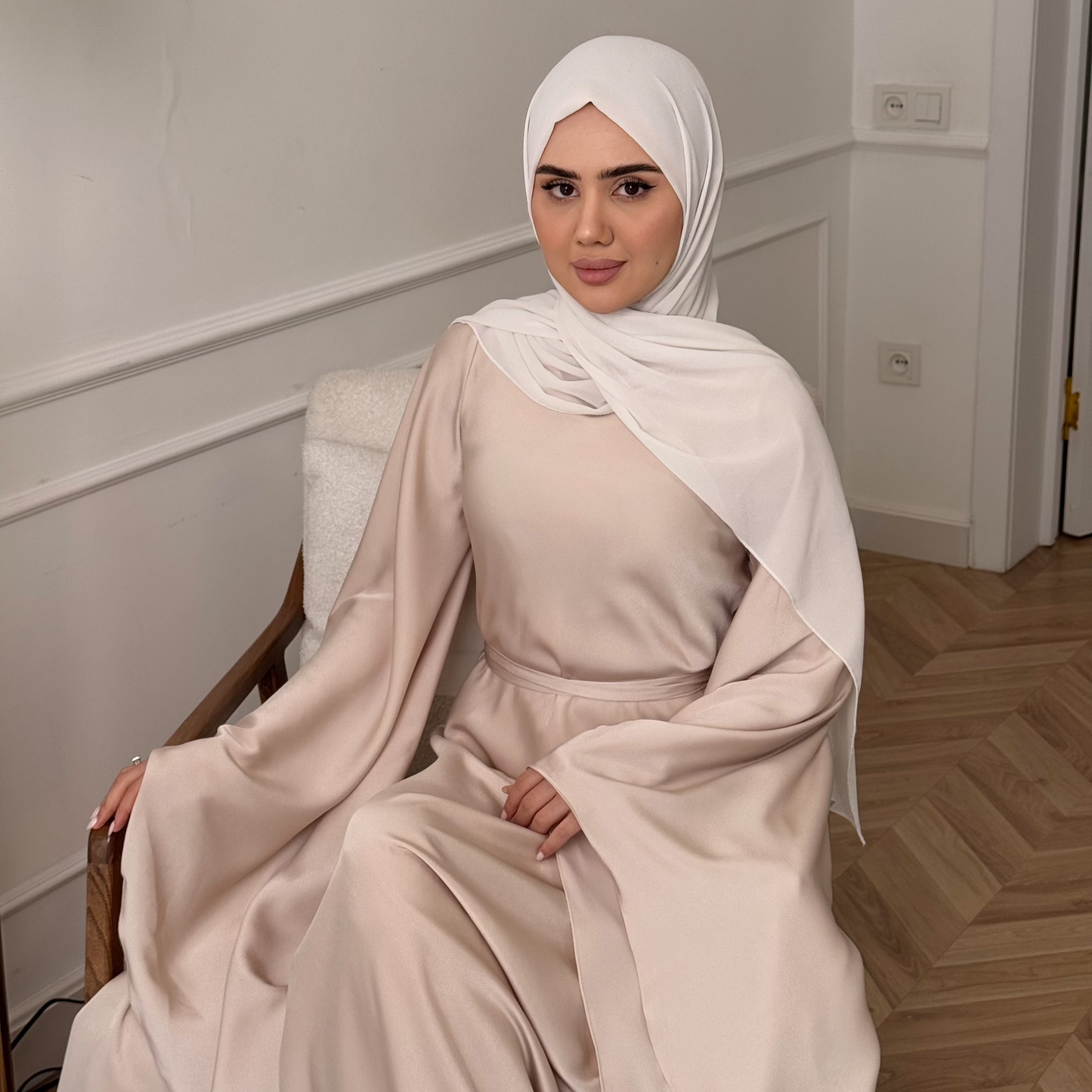 Luxury Silky Golden Cream Modest Dress with Butterfly Sleeves