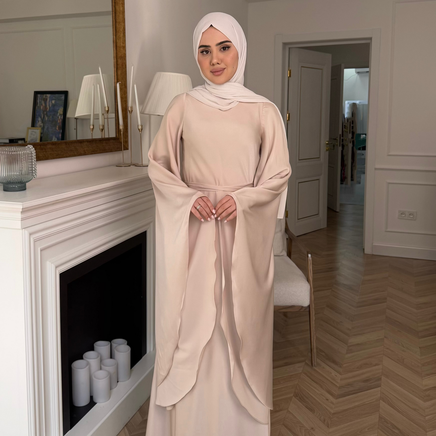 Luxury Silky Golden Cream Modest Dress with Butterfly Sleeves