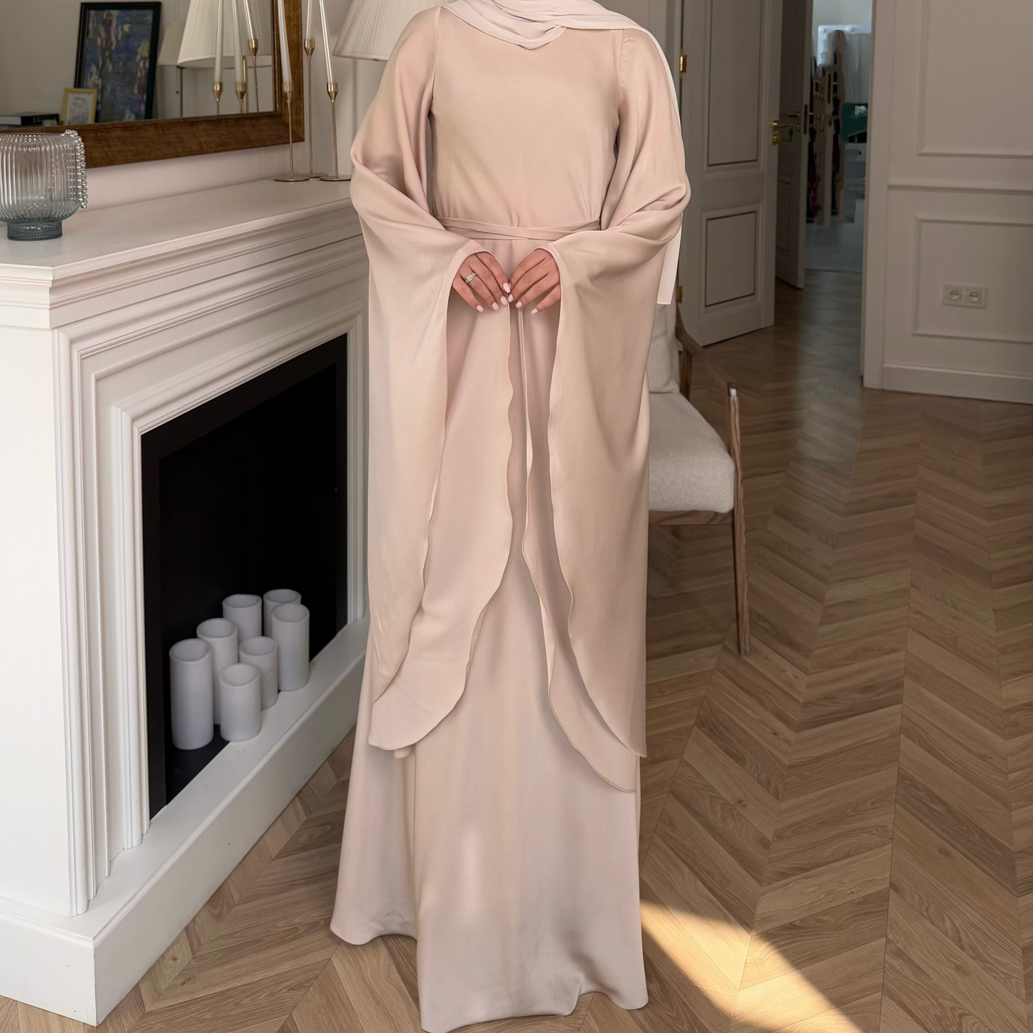 Luxury Silky Golden Cream Modest Dress with Butterfly Sleeves