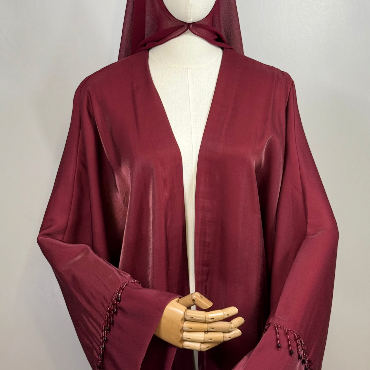 Elegant & Modest Luxury Taffeta-Organza Abaya with Beads – Perfect for Every Occasion | Royal Burgundy