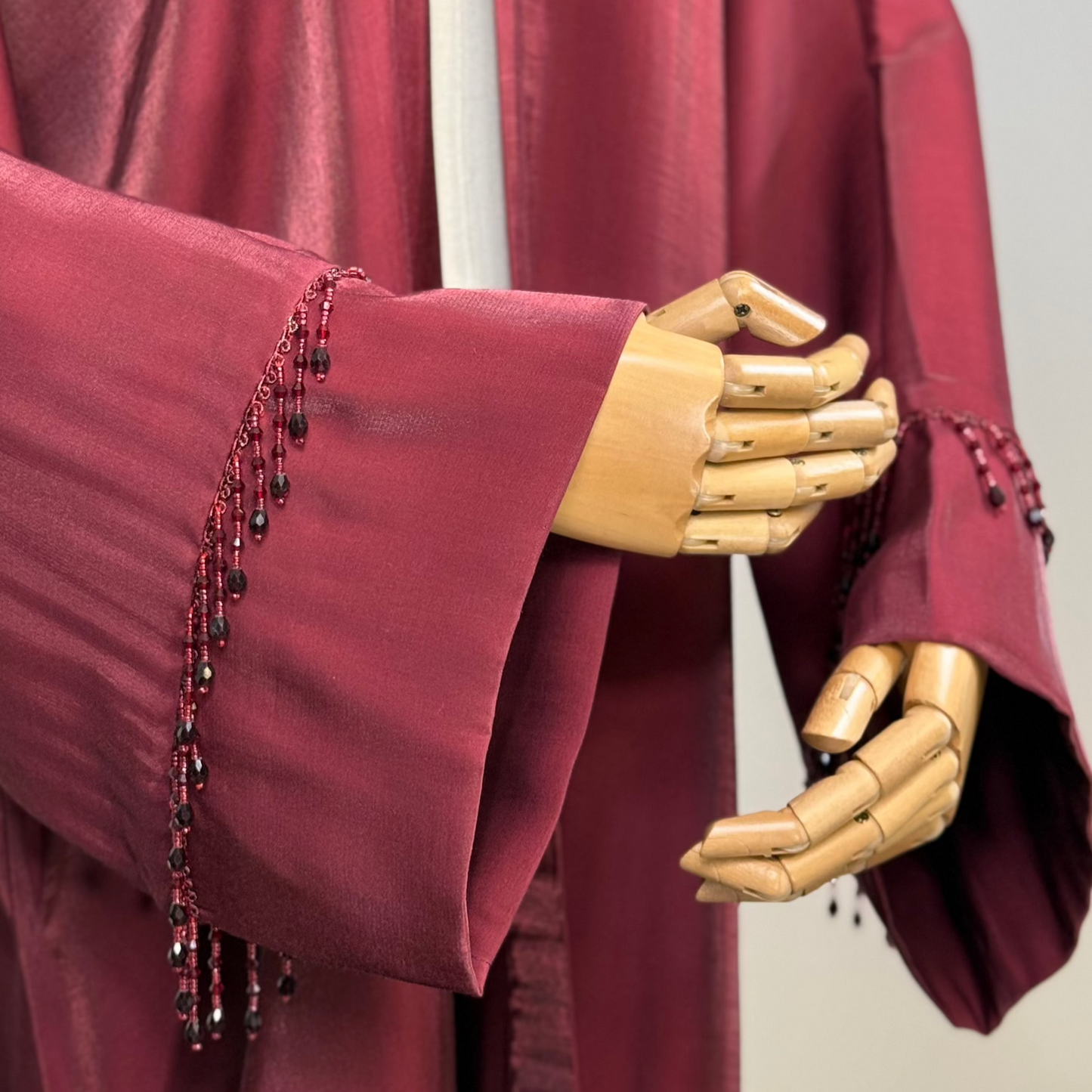 Elegant & Modest Luxury Taffeta-Organza Abaya with Beads – Perfect for Every Occasion | Royal Burgundy
