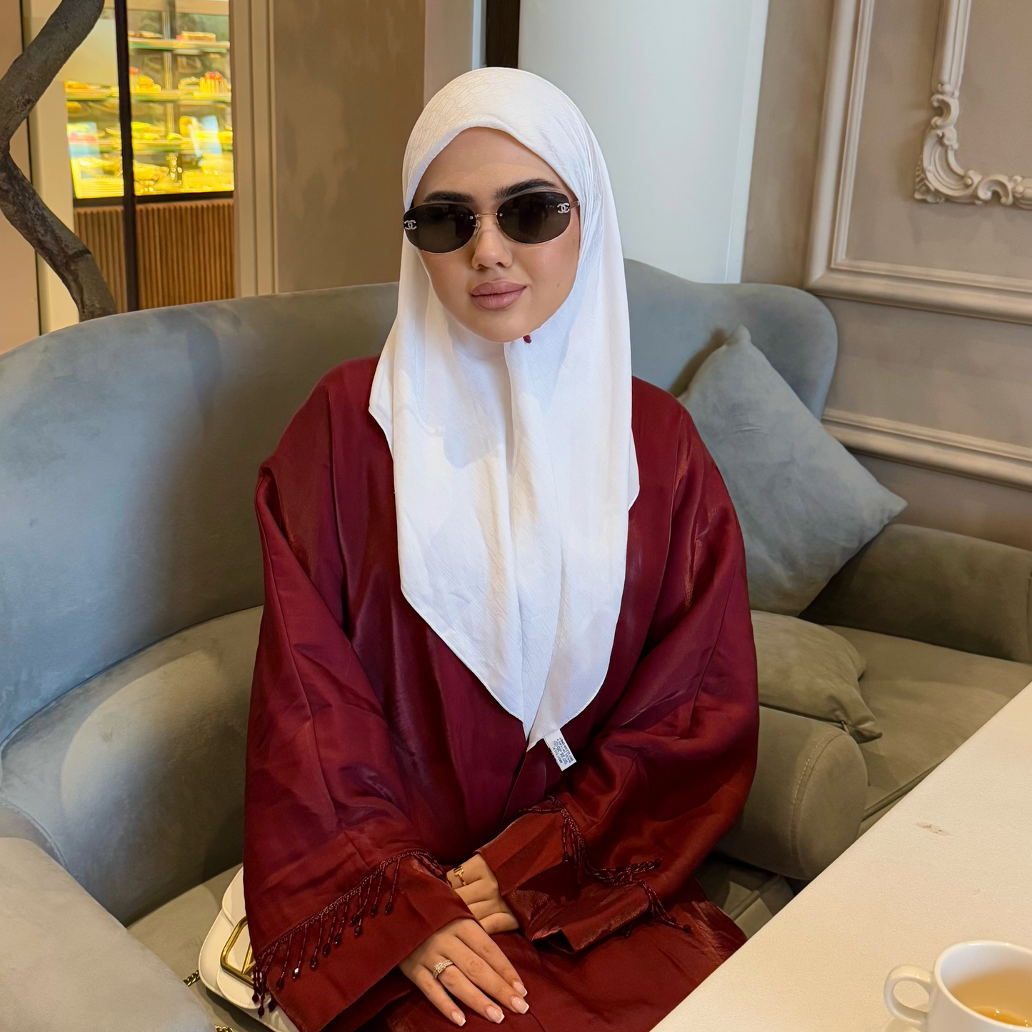 Elegant & Modest Luxury Taffeta-Organza Abaya with Beads – Perfect for Every Occasion | Royal Burgundy