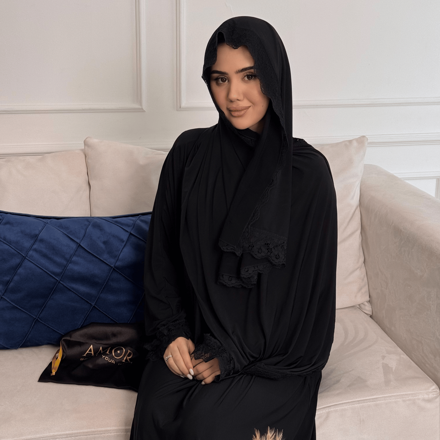 Modest Prayer Dress - Comfortable One-Piece Cotton Lycra with Guipure Accents | Midnight Black