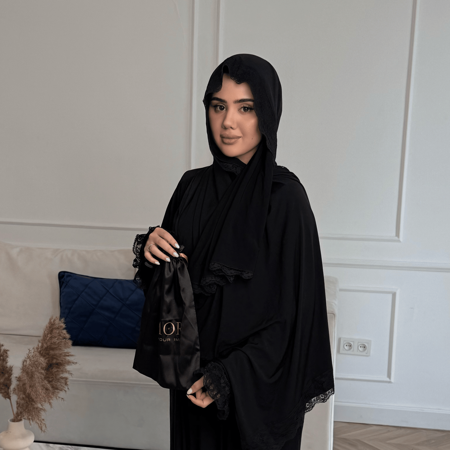 Modest Prayer Dress - Comfortable One-Piece Cotton Lycra with Guipure Accents | Midnight Black