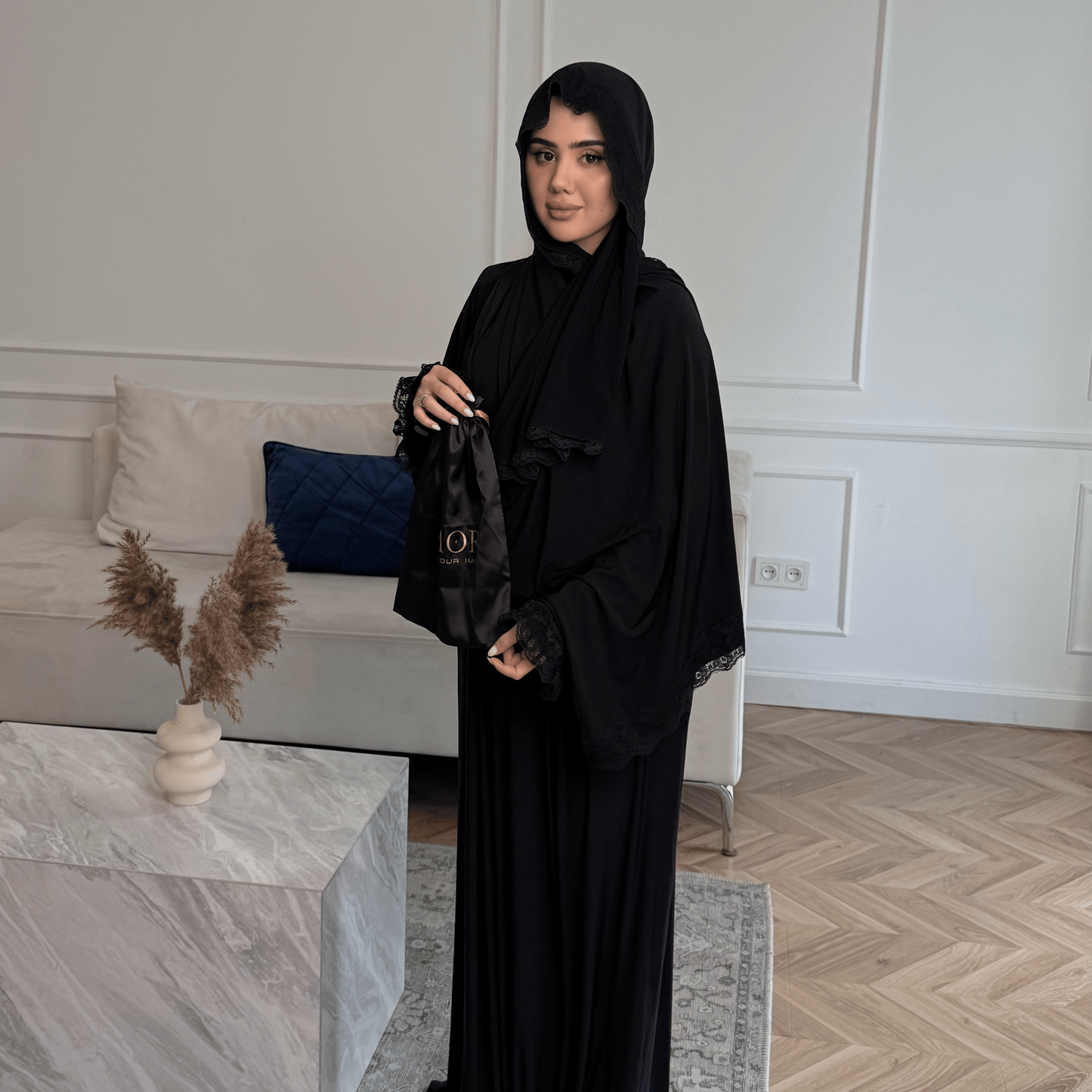 Modest Prayer Dress - Comfortable One-Piece Cotton Lycra with Guipure Accents | Midnight Black