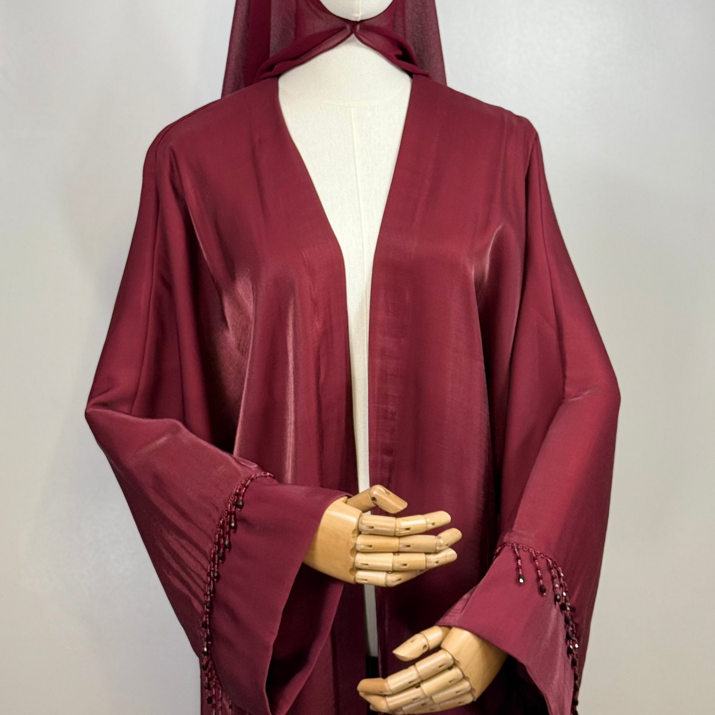 Elegant & Modest Luxury Taffeta-Organza Abaya with Beads – Perfect for Every Occasion | Royal Burgundy
